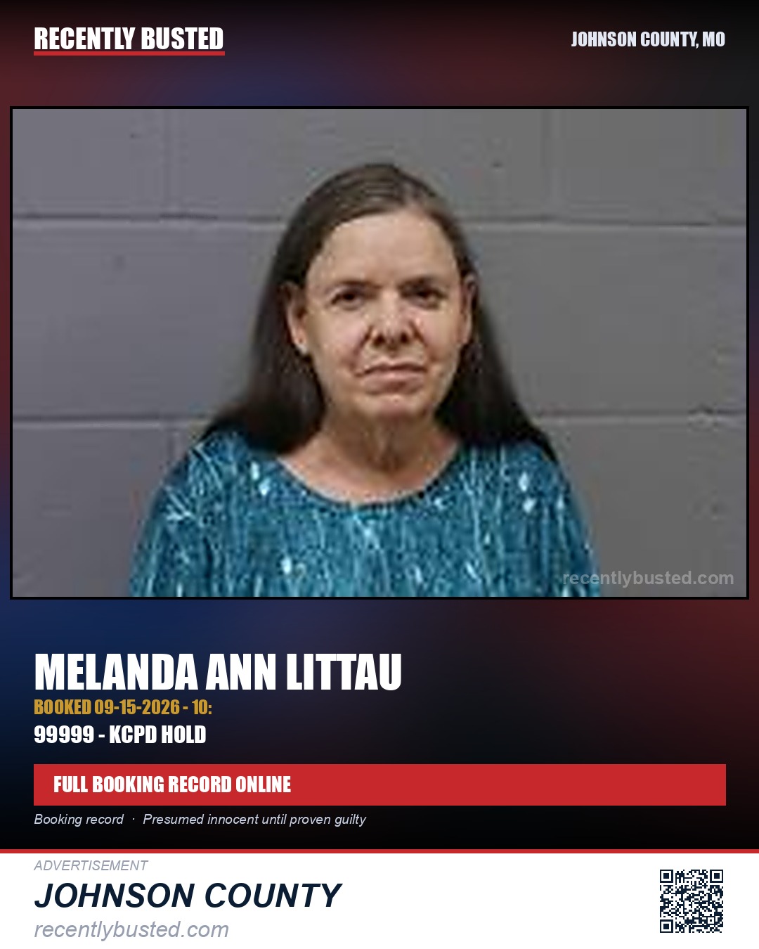 LITTAU, MELANDA ANN — arrest record card, Johnson County, Missouri