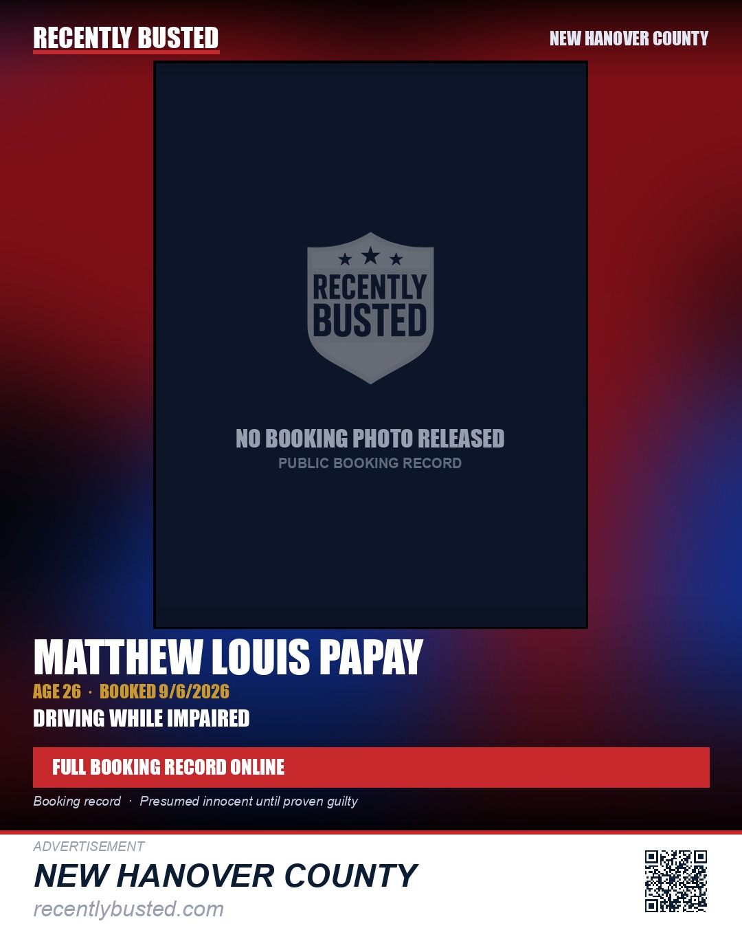 MATTHEW LOUIS PAPAY — arrest record card, New Hanover County