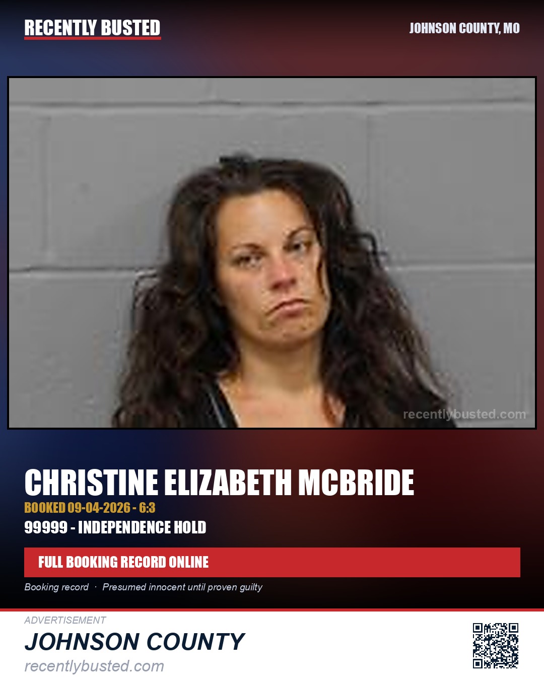 MCBRIDE, CHRISTINE ELIZABETH — arrest record card, Johnson County, Missouri