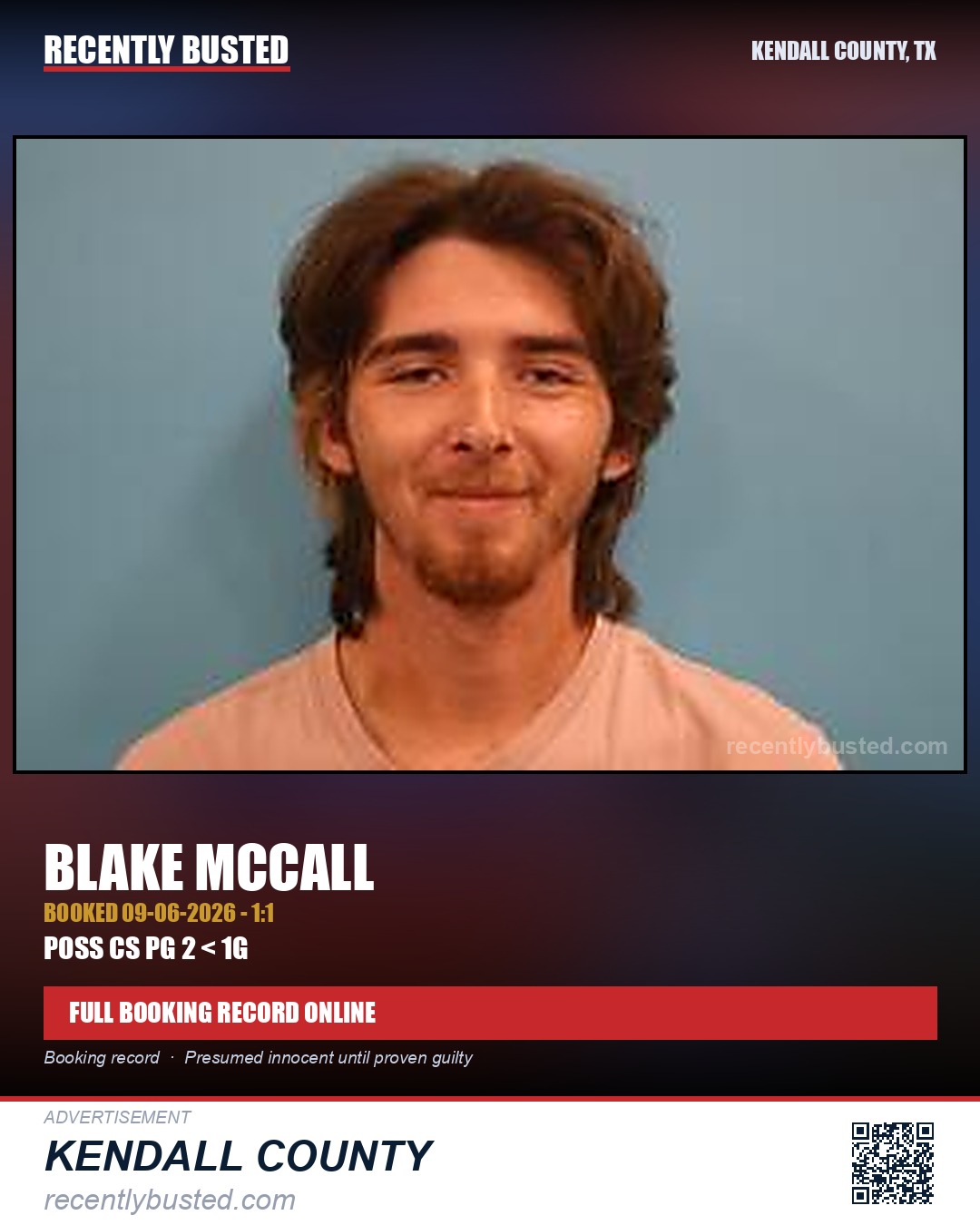 Mccall, Blake — arrest record card, Kendall County, Texas