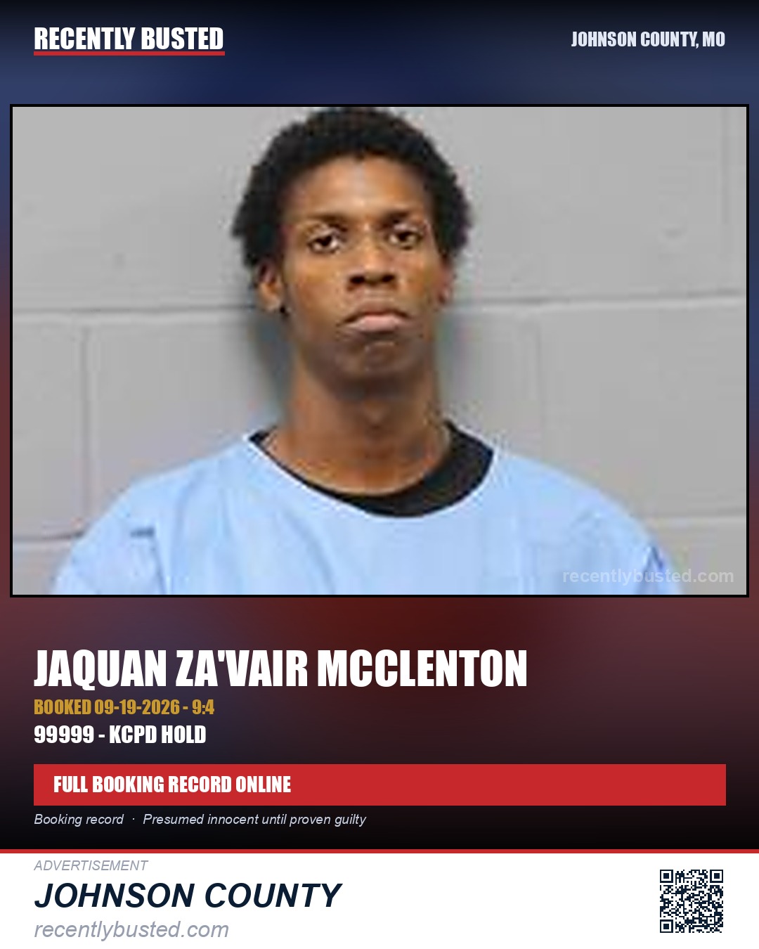 MCCLENTON, JAQUAN ZA'VAIR — arrest record card, Johnson County, Missouri