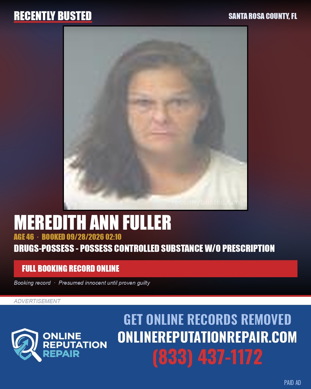 Meredith Ann Fuller — arrest record card, Santa Rosa County, Florida