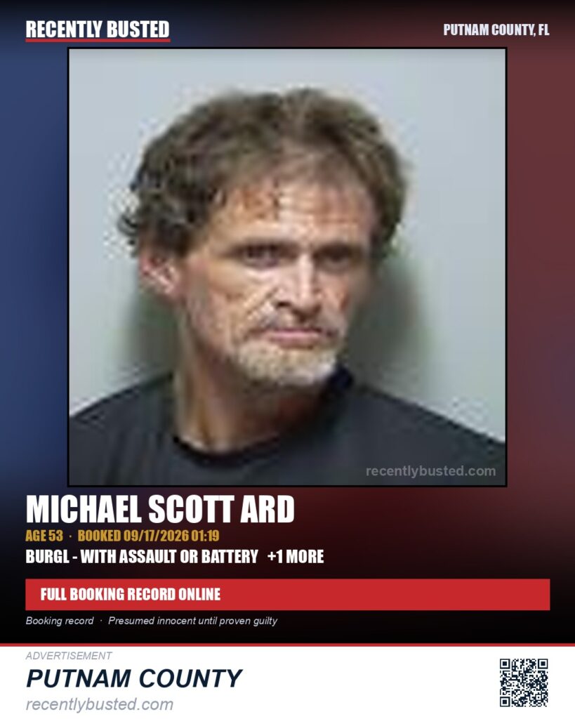 Michael Scott Ard — arrest record card, Putnam County, Florida