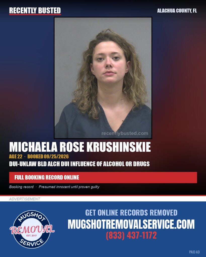 Michaela Rose Krushinskie — arrest record card, Alachua County, Florida