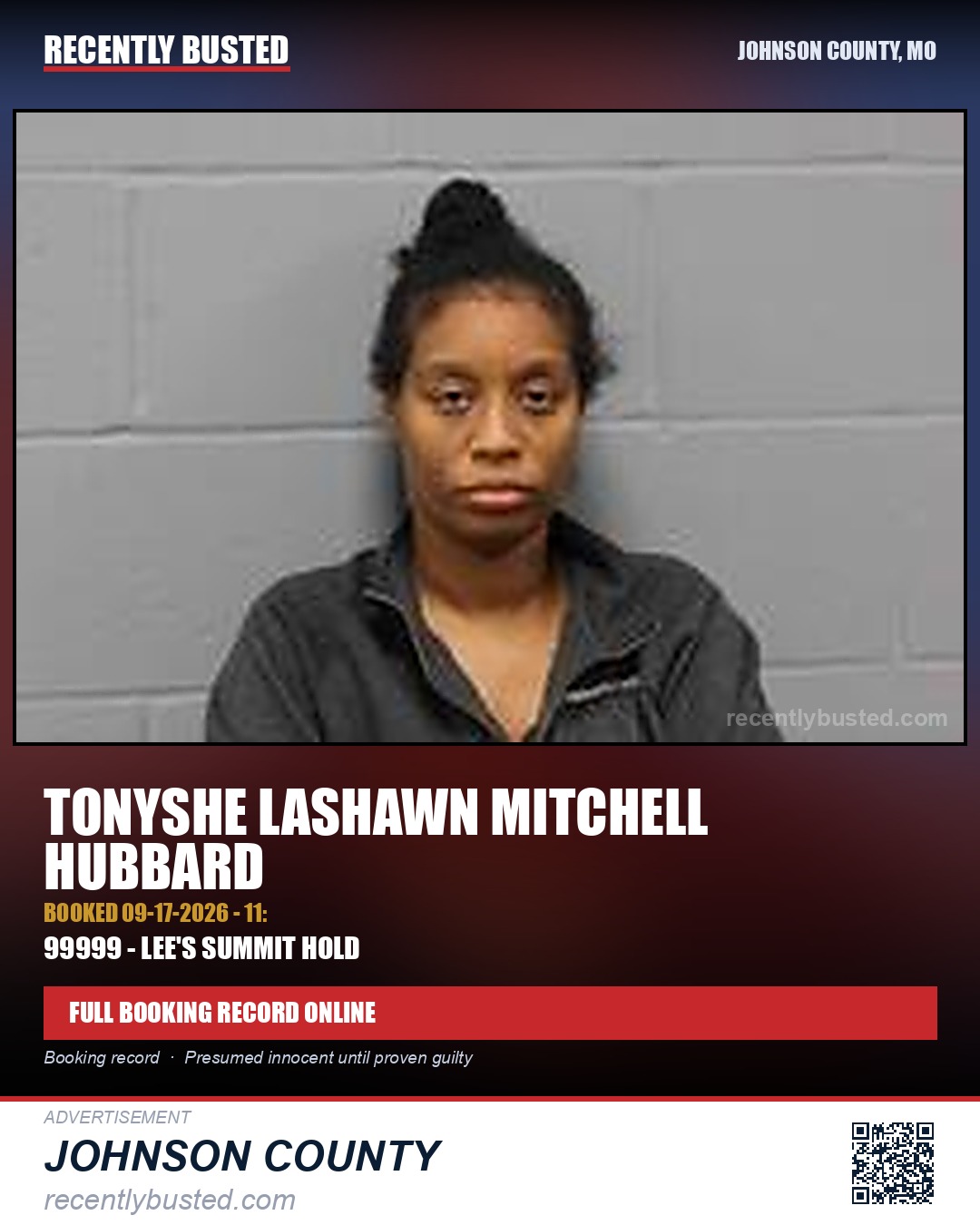 MITCHELL HUBBARD, TONYSHE LASHAWN — arrest record card, Johnson County, Missouri