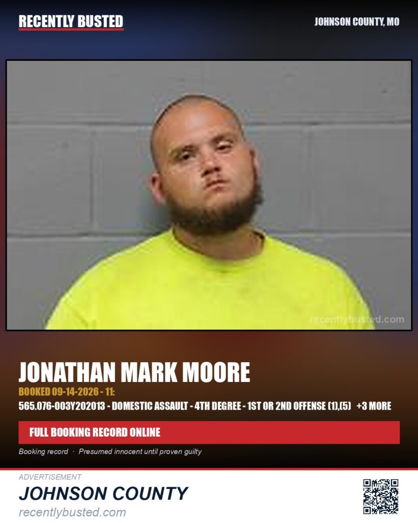 MOORE, JONATHAN MARK — arrest record card, Johnson County, Missouri