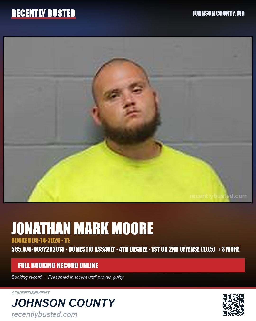 MOORE, JONATHAN MARK — arrest record card, Johnson County, Missouri