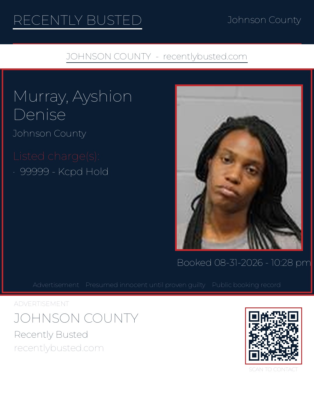 MURRAY, AYSHION DENISE — arrest record card, Johnson County, Missouri