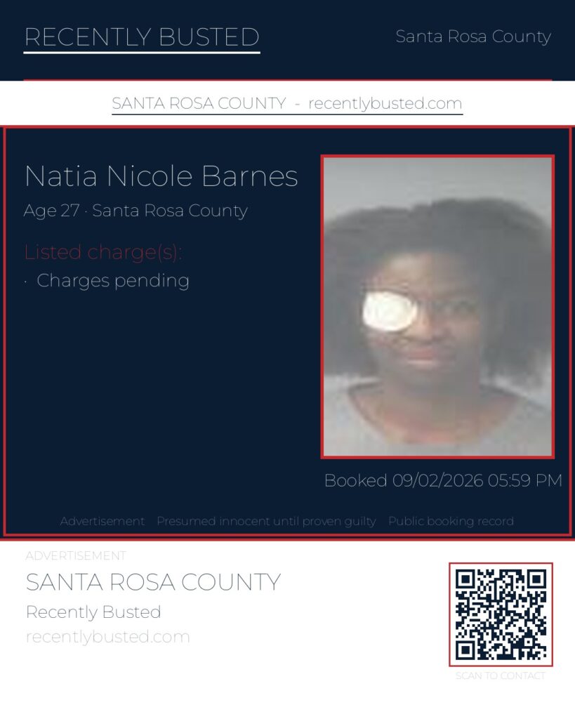 Natia Nicole Barnes — arrest record card, Santa Rosa County, Florida