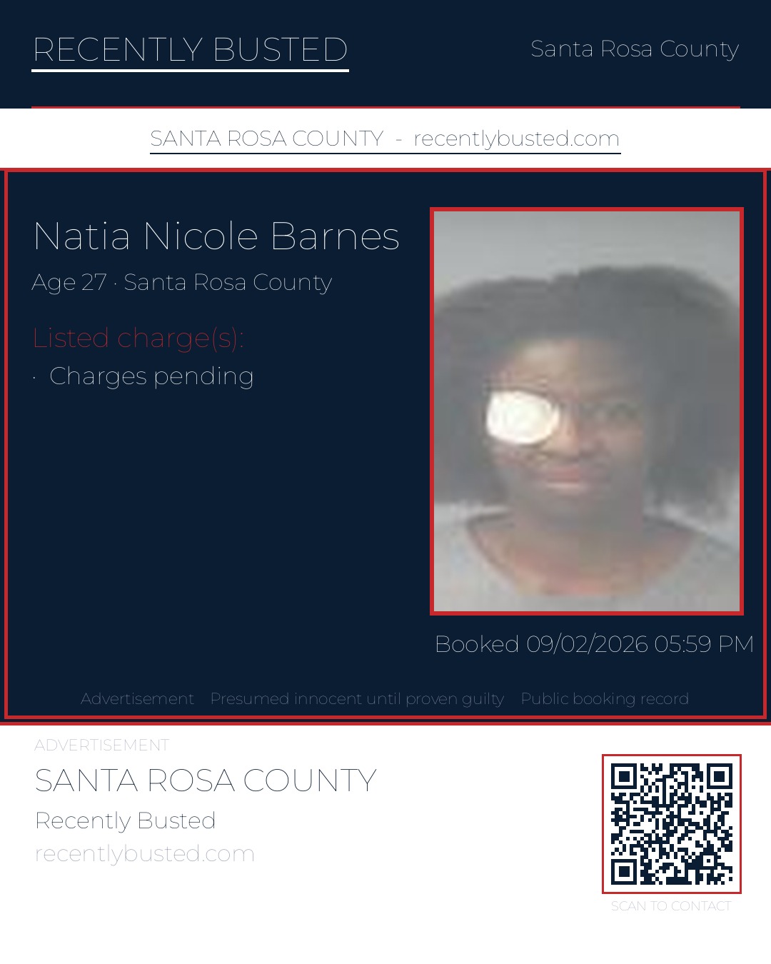 Natia Nicole Barnes — arrest record card, Santa Rosa County, Florida