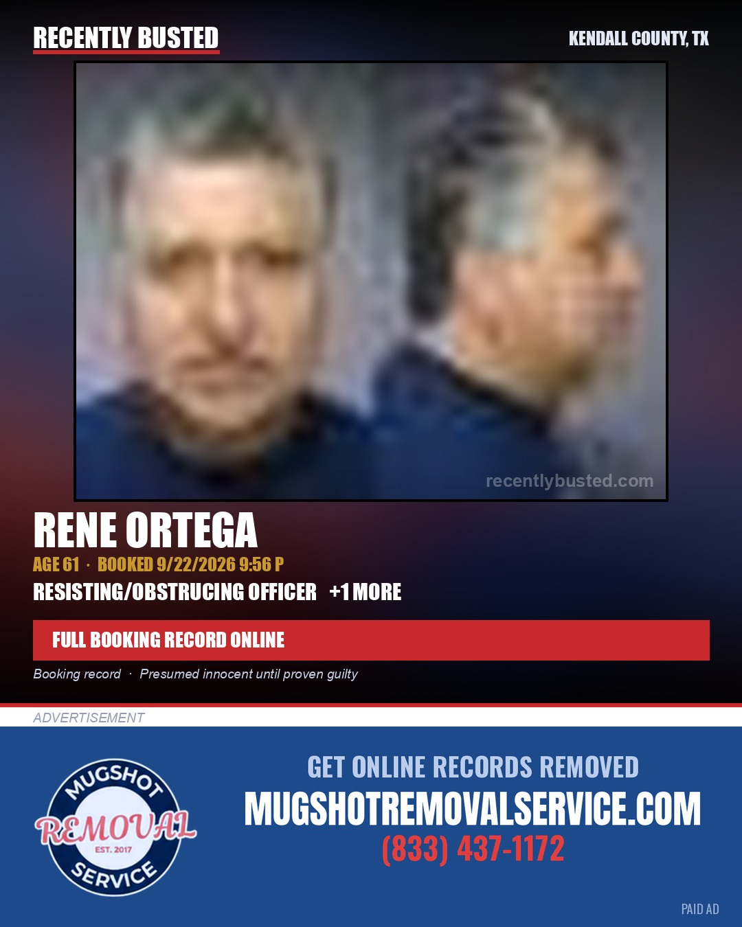 ORTEGA, RENE — arrest record card, Kendall County, Illinois