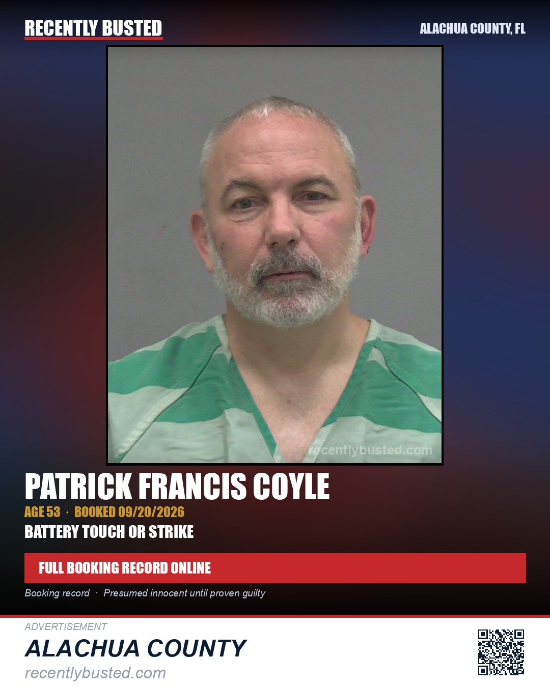 Patrick Francis Coyle — arrest record card, Alachua County, Florida
