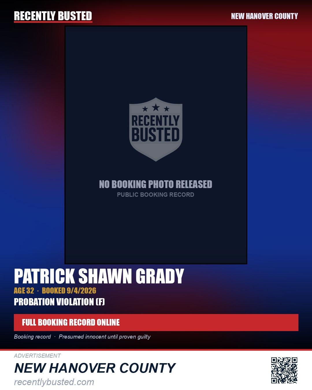 PATRICK SHAWN GRADY — arrest record card, New Hanover County