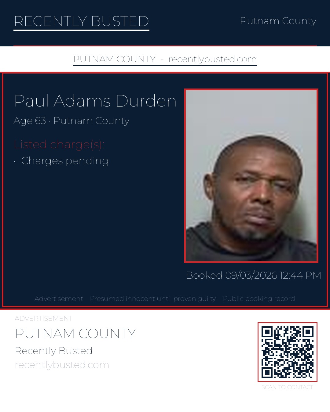 Paul Adams Durden — arrest record card, Putnam County, Florida