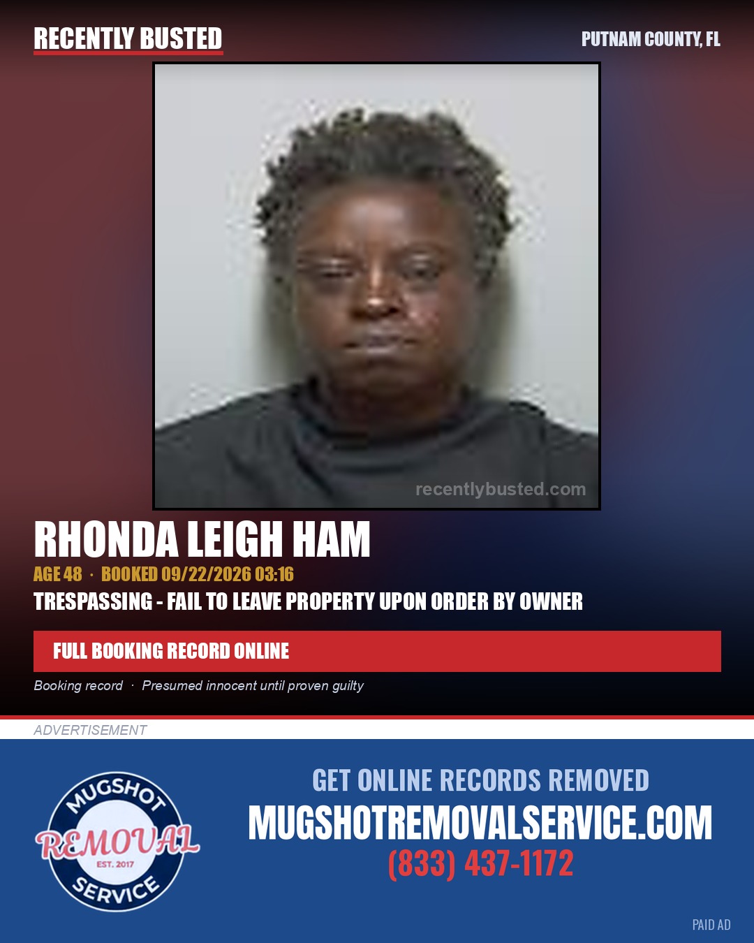 Rhonda Leigh Ham — arrest record card, Putnam County, Florida