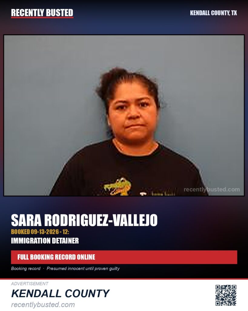 Rodriguez-Vallejo, Sara — arrest record card, Kendall County, Texas
