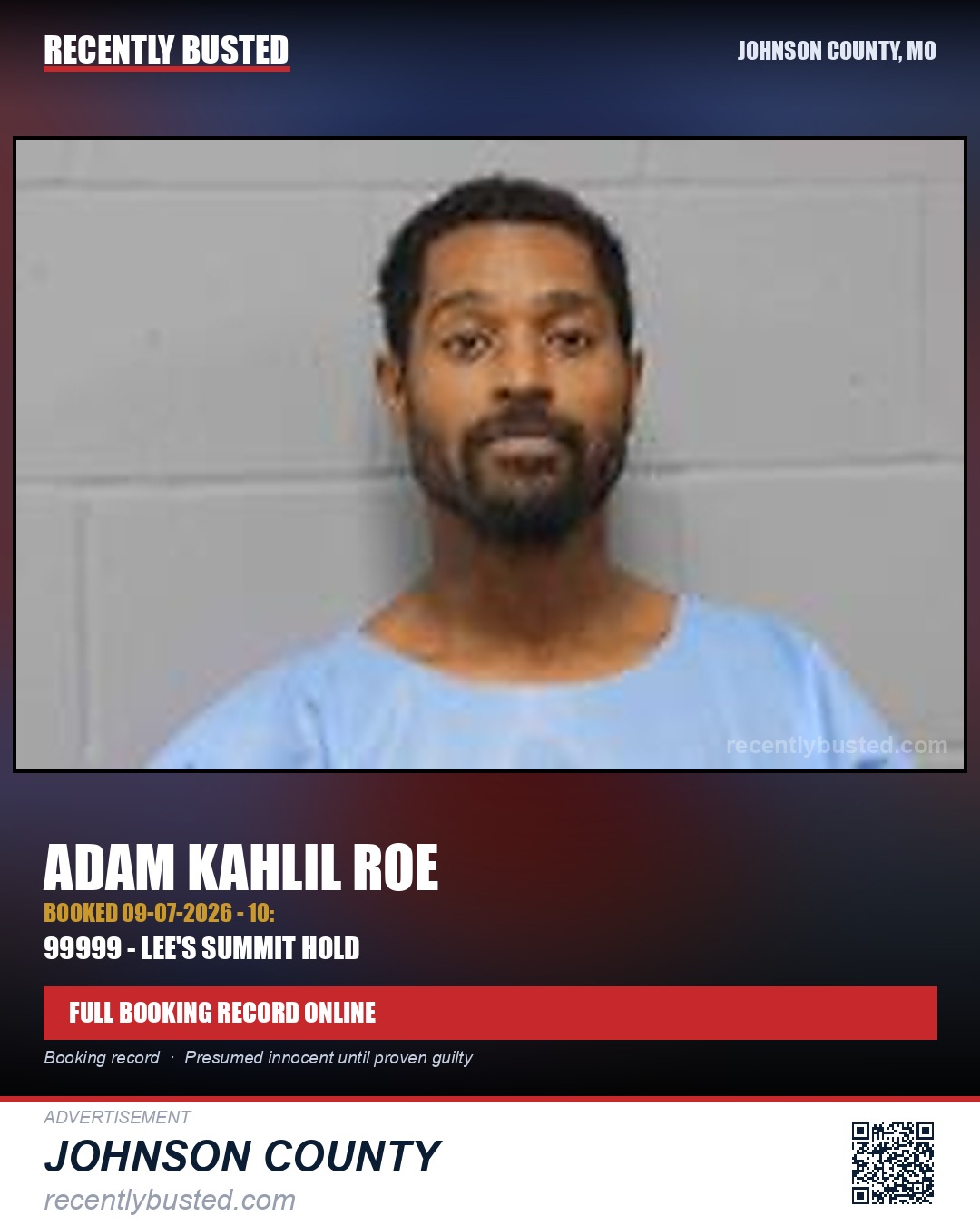 ROE, ADAM KAHLIL — arrest record card, Johnson County, Missouri