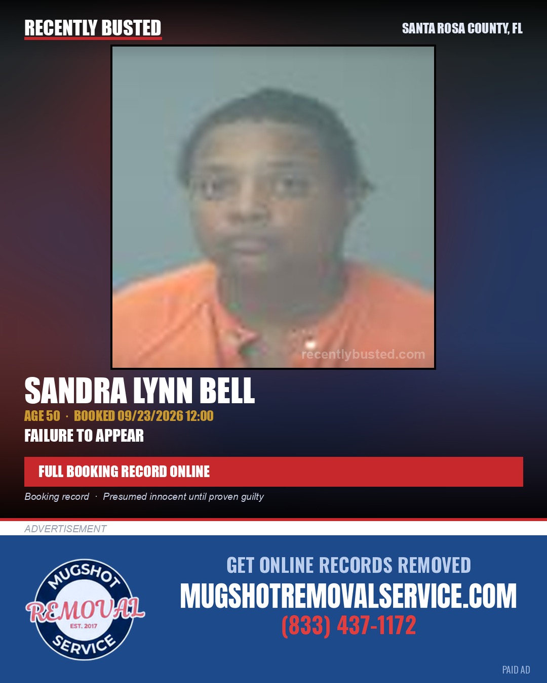 Sandra Lynn Bell — arrest record card, Santa Rosa County, Florida