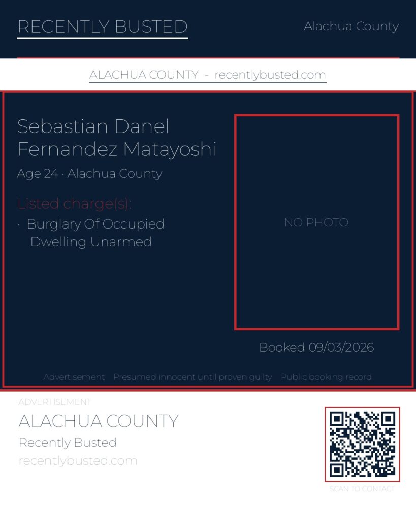 Sebastian Danel Fernandez Matayoshi — arrest record card, Alachua County, Florida