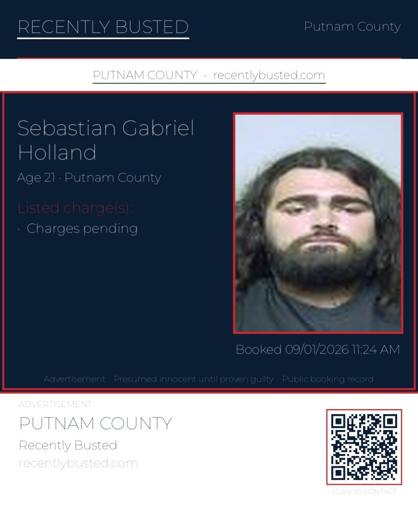 Sebastian Gabriel Holland — arrest record card, Putnam County, Florida