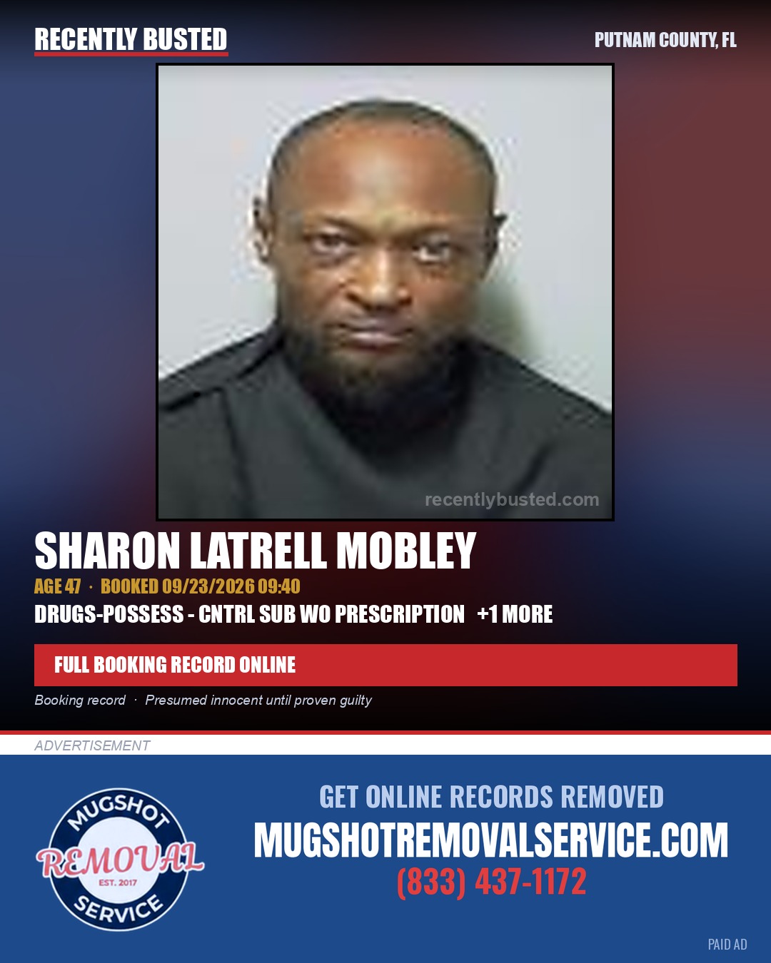 Sharon Latrell Mobley — arrest record card, Putnam County, Florida