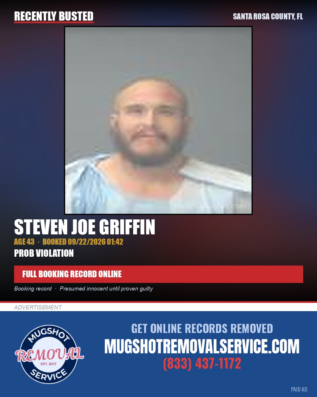 Steven Joe Griffin — arrest record card, Santa Rosa County, Florida