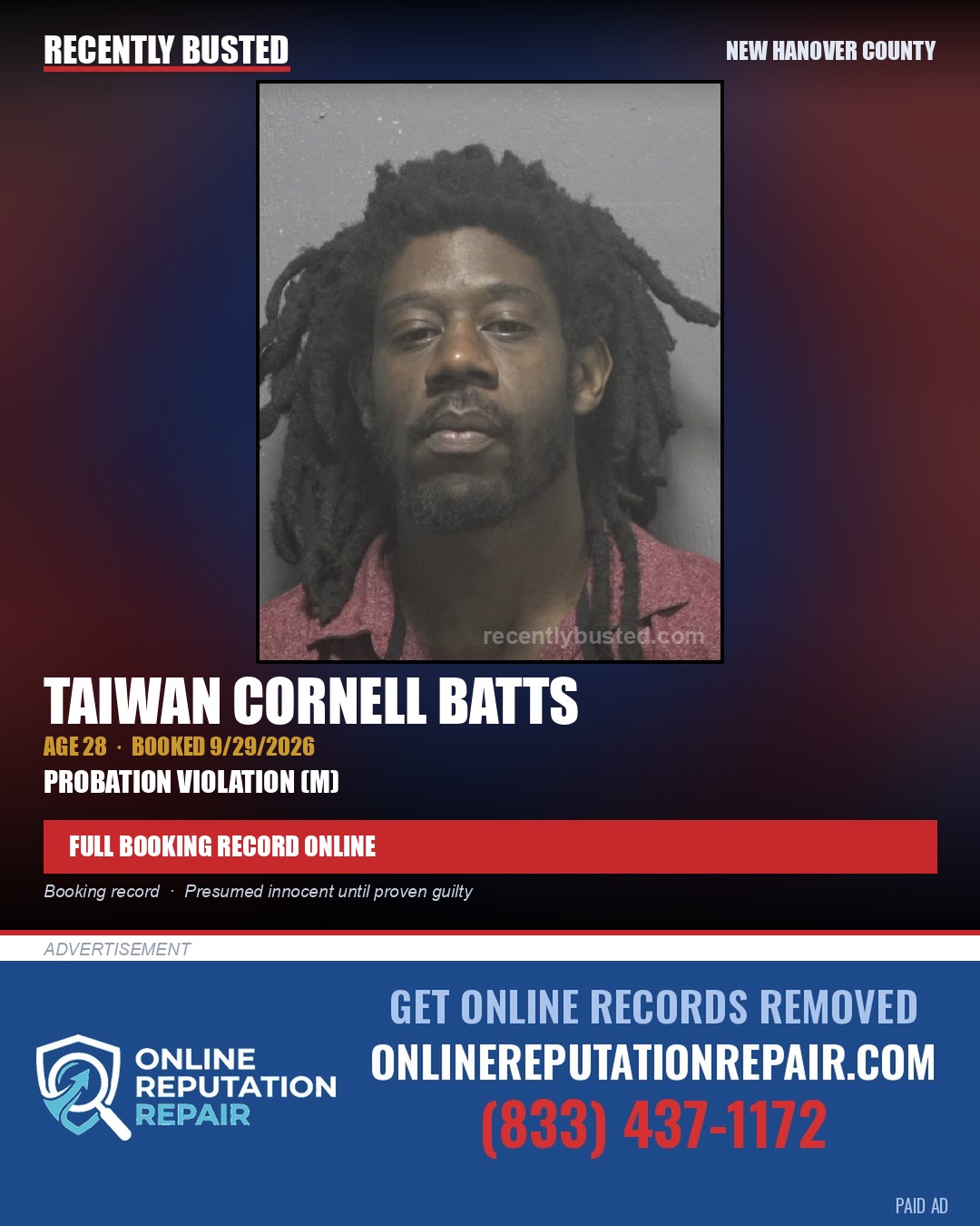 TAIWAN CORNELL BATTS — arrest record card, New Hanover County