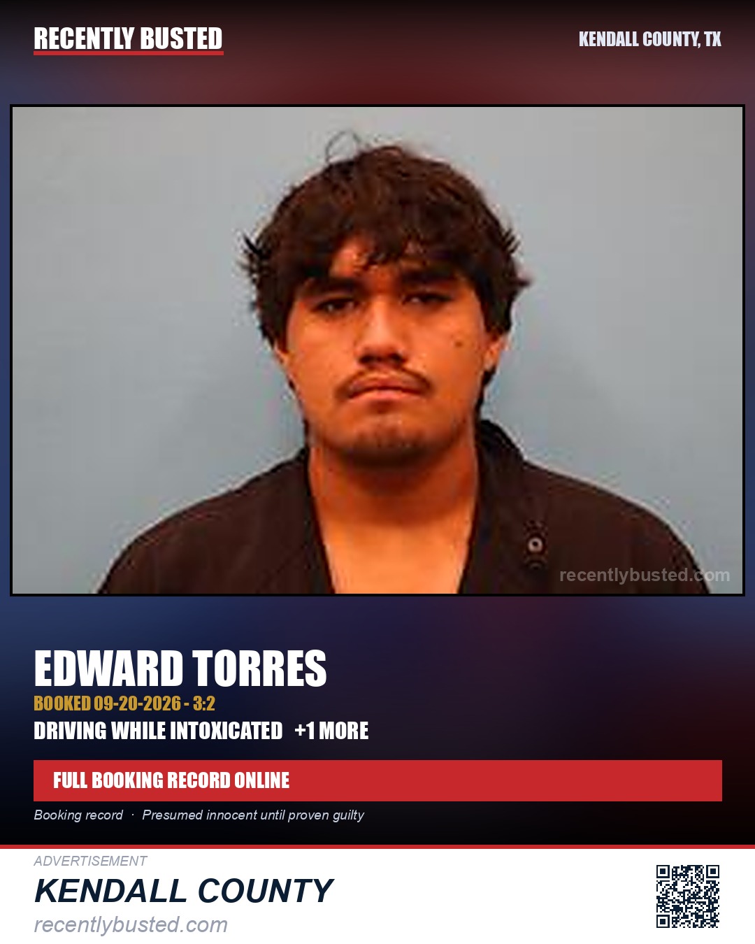 Torres, Edward — arrest record card, Kendall County, Texas