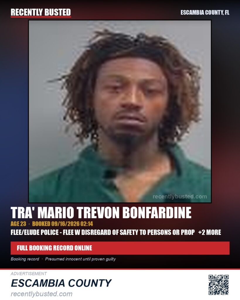 Tra’ Mario Trevon Bonfardine — arrest record card, Escambia County, Florida