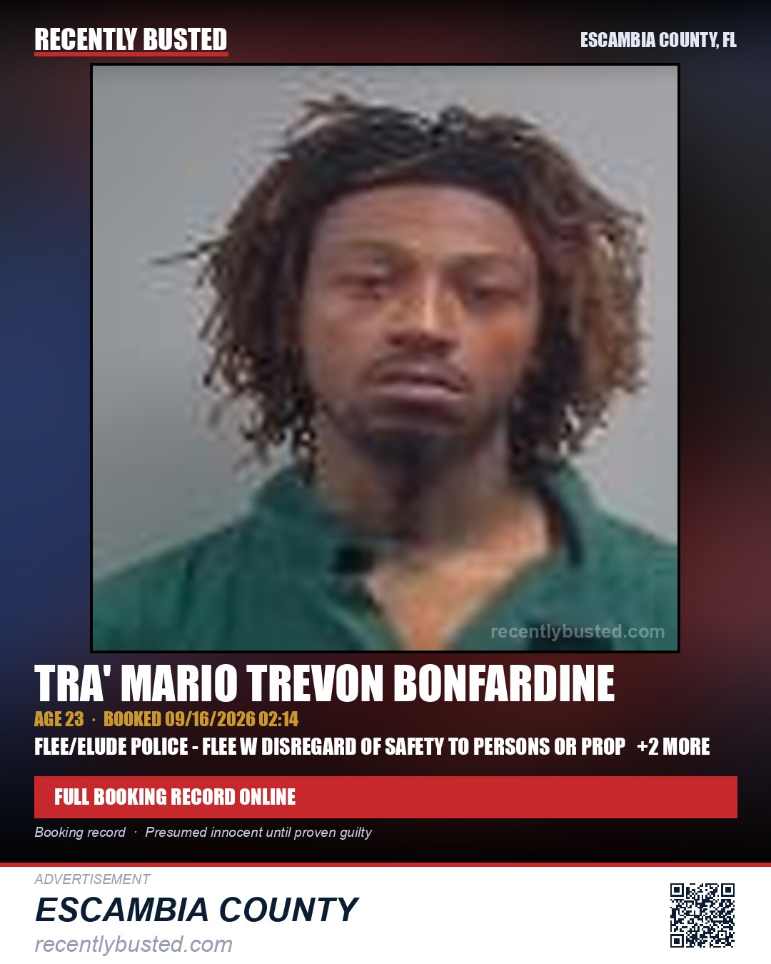 Tra' Mario Trevon Bonfardine — arrest record card, Escambia County, Florida