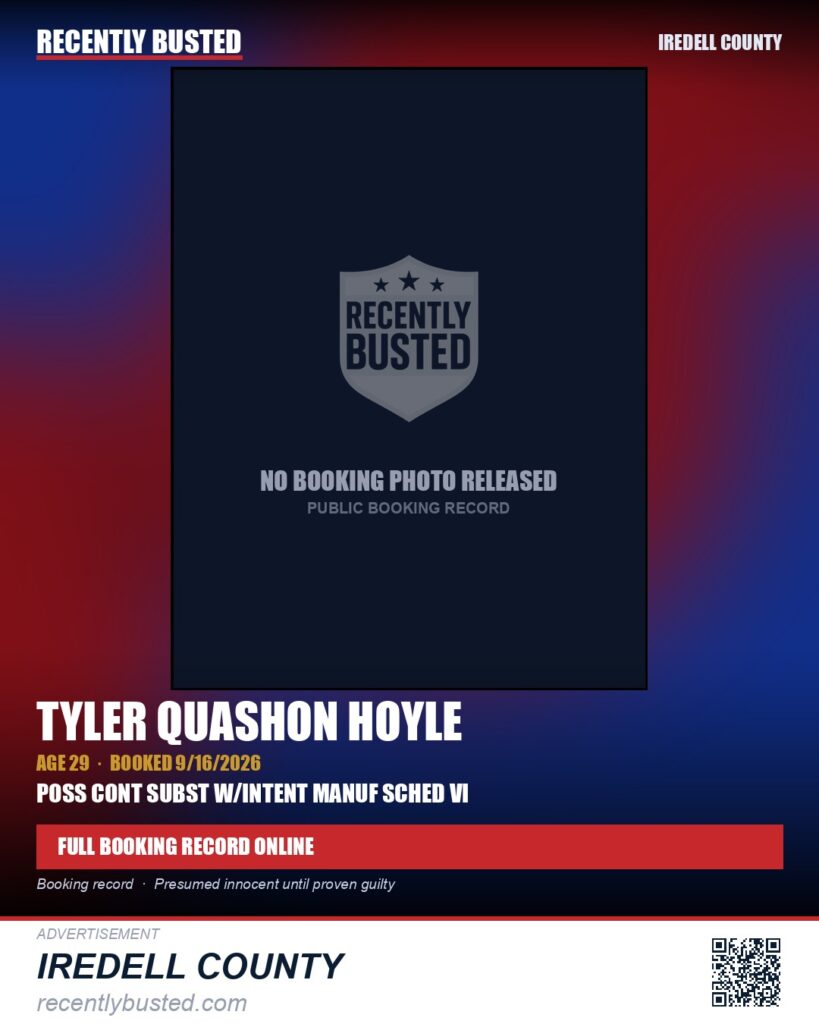 TYLER QUASHON HOYLE — arrest record card, Iredell County
