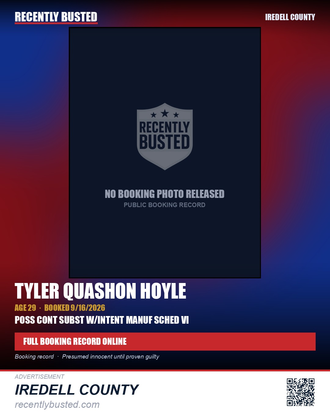 TYLER QUASHON HOYLE — arrest record card, Iredell County