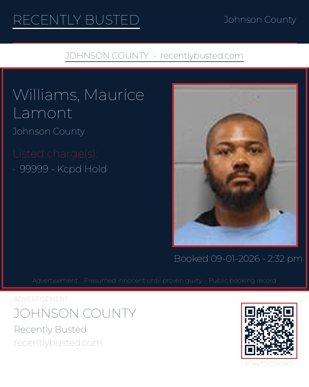 WILLIAMS, MAURICE LAMONT — arrest record card, Johnson County, Missouri