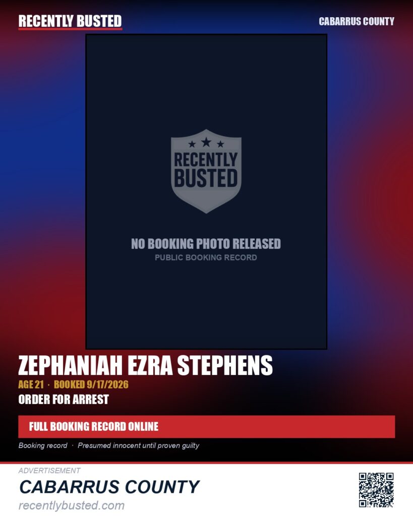 ZEPHANIAH EZRA STEPHENS — arrest record card, Cabarrus