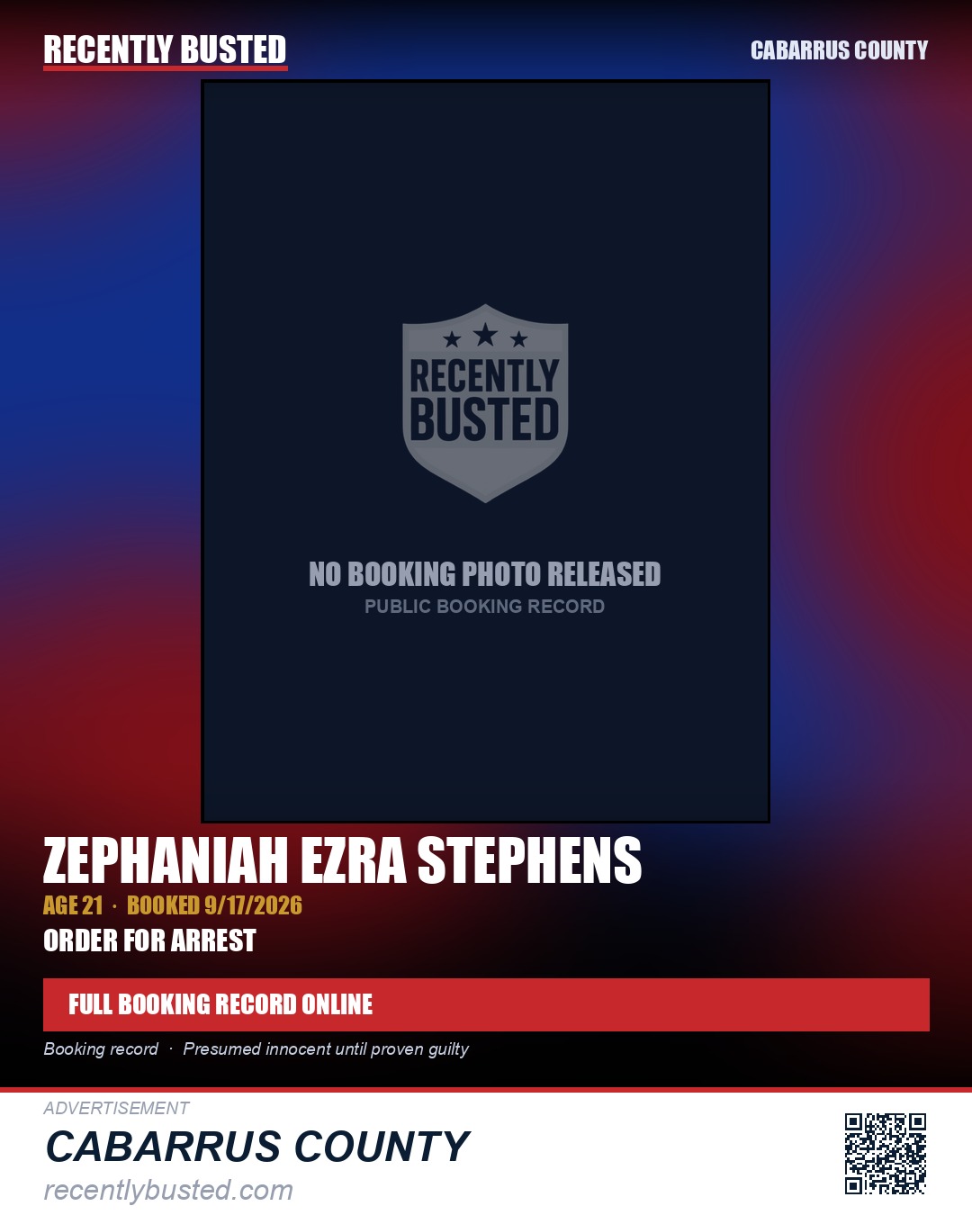 ZEPHANIAH EZRA STEPHENS — arrest record card, Cabarrus County