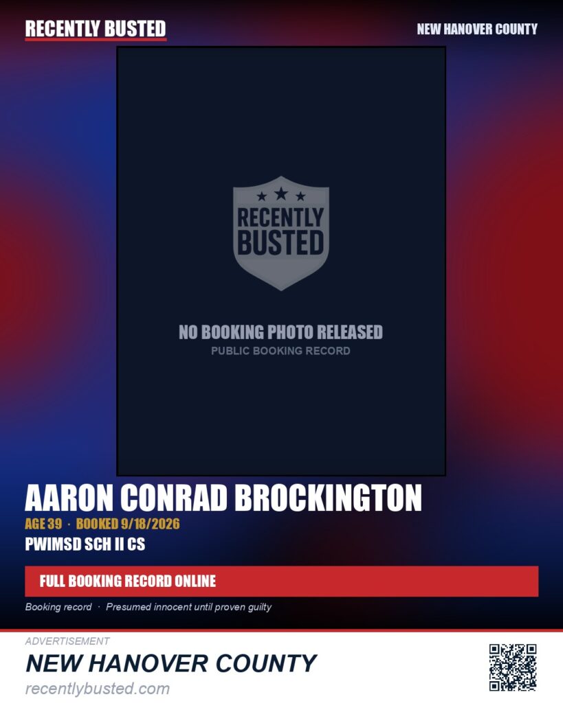 AARON CONRAD BROCKINGTON — arrest record card, New Hanover