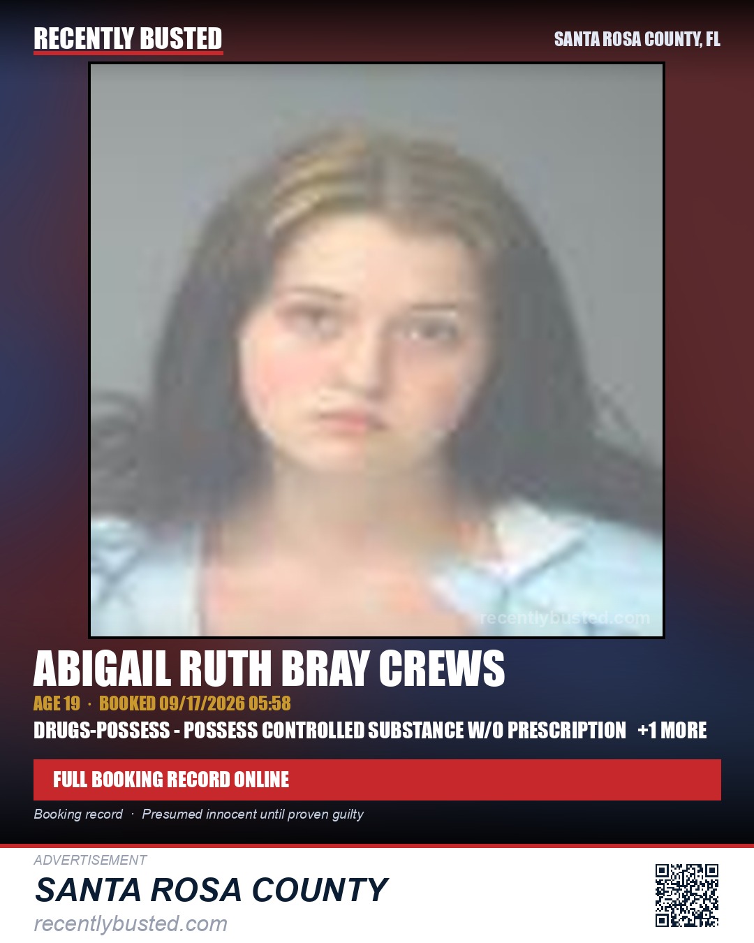 Abigail Ruth Bray Crews — arrest record card, Santa Rosa County, Florida