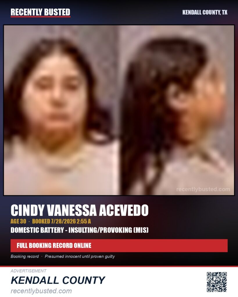 ACEVEDO, CINDY VANESSA — arrest record card, Kendall County, Illinois