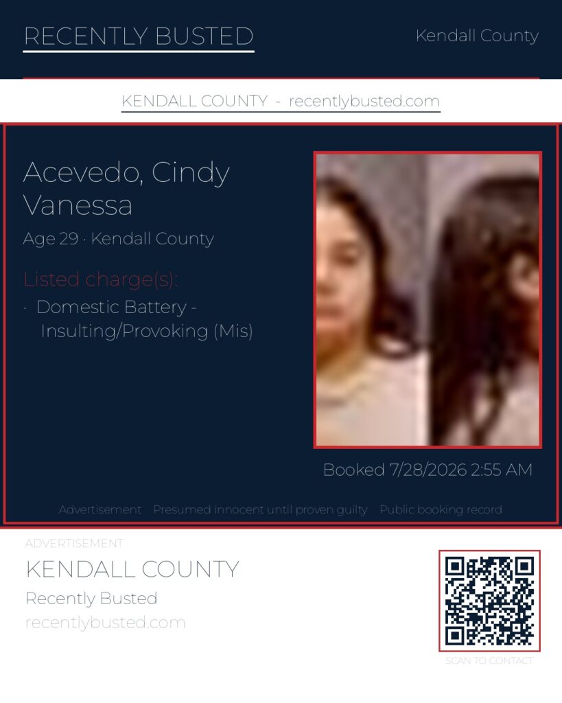 ACEVEDO, CINDY VANESSA — arrest record card, Kendall County, Illinois