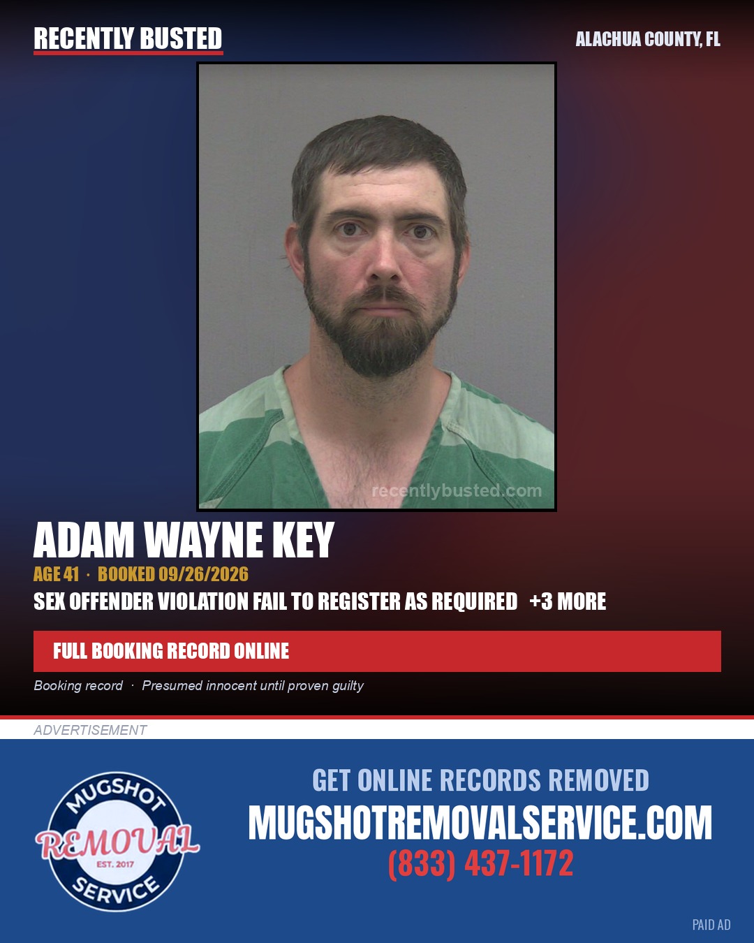 Adam Wayne Key — arrest record card, Alachua County, Florida