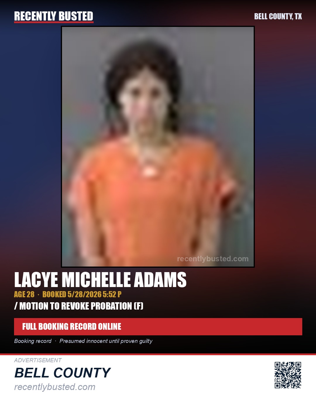 ADAMS, LACYE MICHELLE — arrest record card, Bell County, Texas