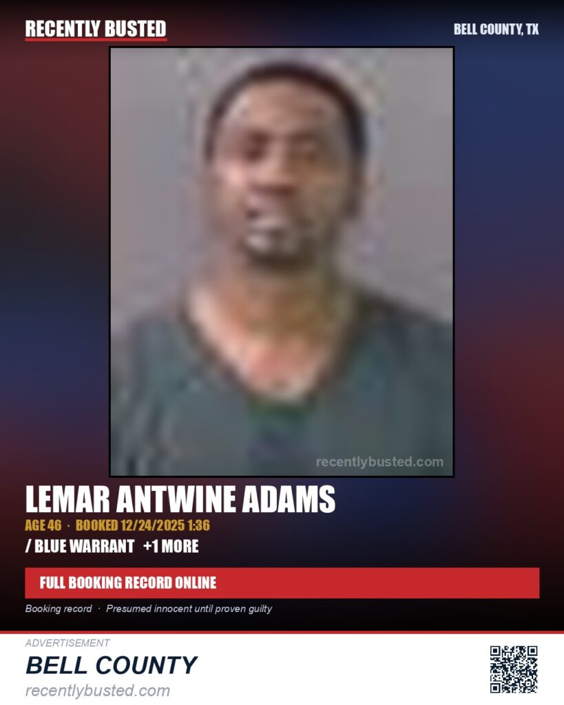 ADAMS, LEMAR ANTWINE — arrest record card, Bell County, Texas