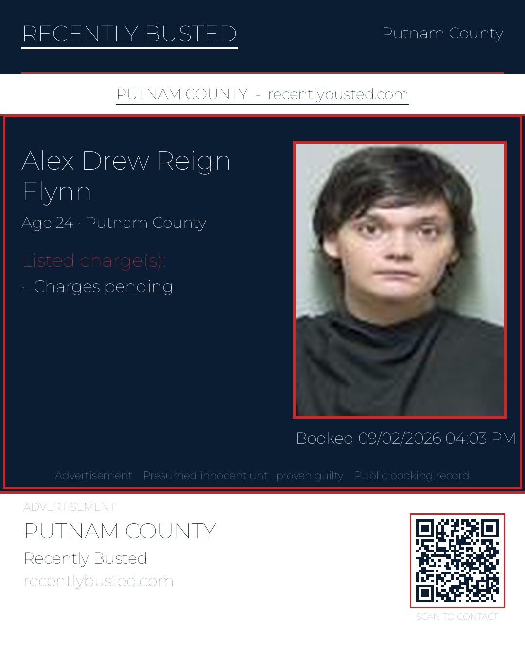 Alex Drew Reign Flynn — arrest record card, Putnam County, Florida