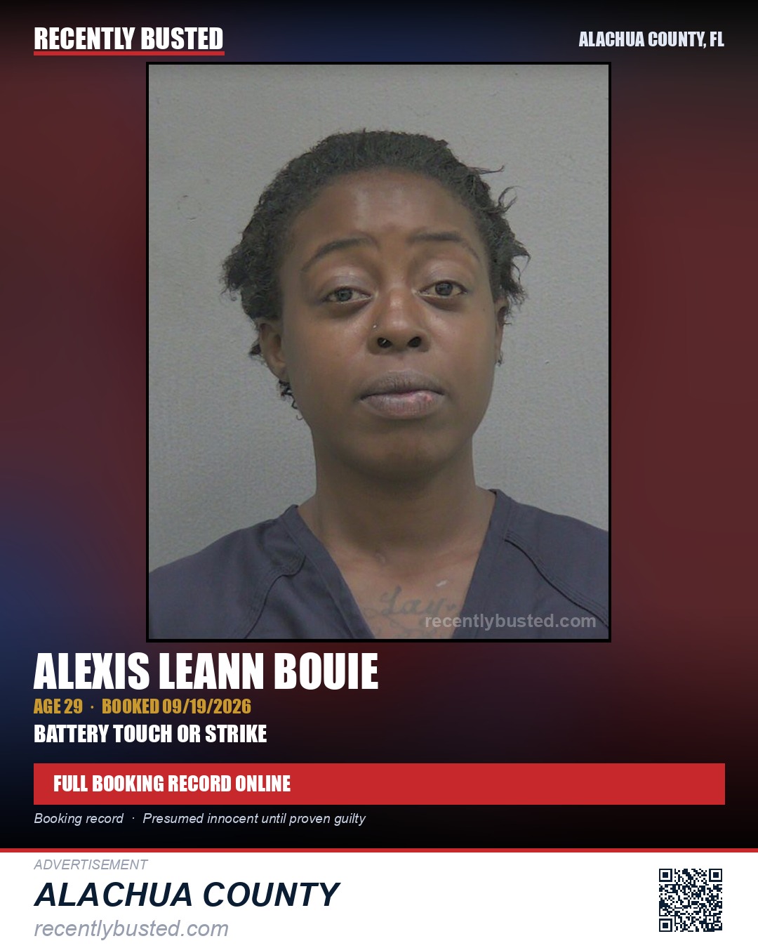 Alexis Leann Bouie — arrest record card, Alachua County, Florida