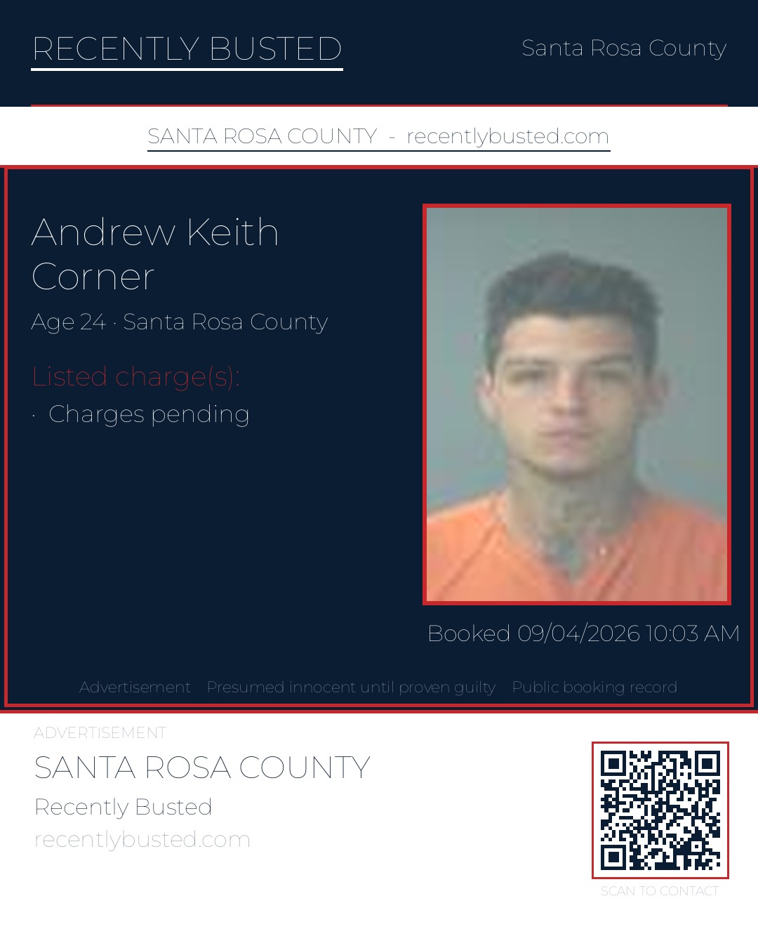Andrew Keith Corner — arrest record card, Santa Rosa County, Florida