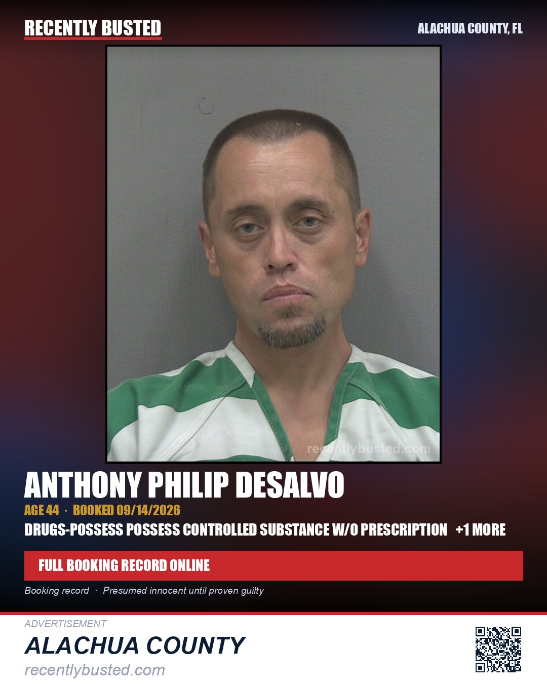 Anthony Philip Desalvo — arrest record card, Alachua County, Florida