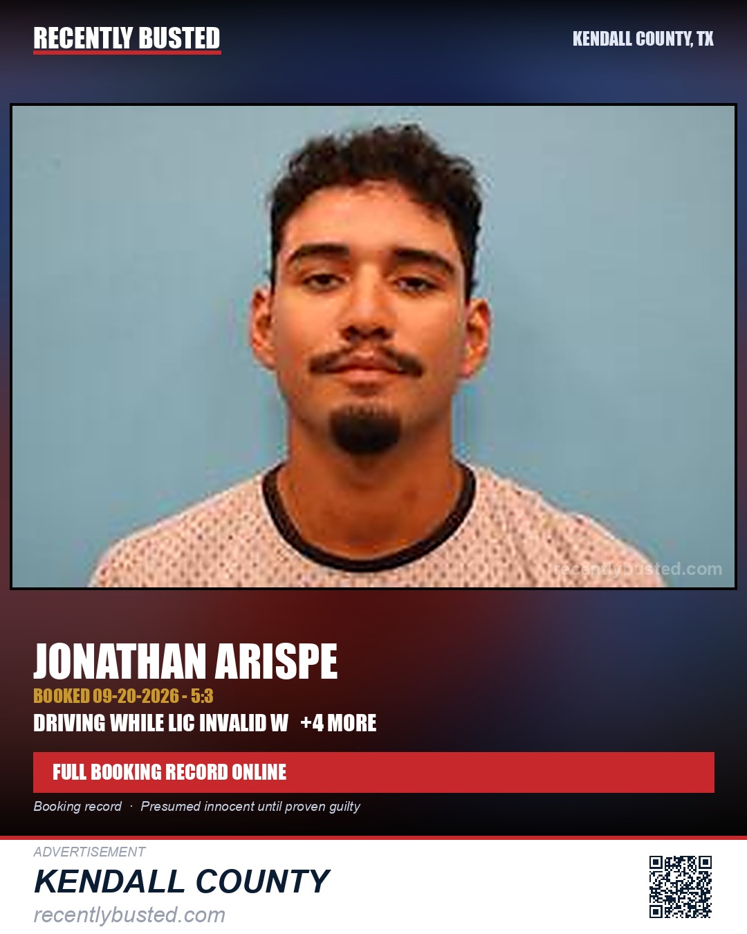 Arispe, Jonathan — arrest record card, Kendall County, Texas