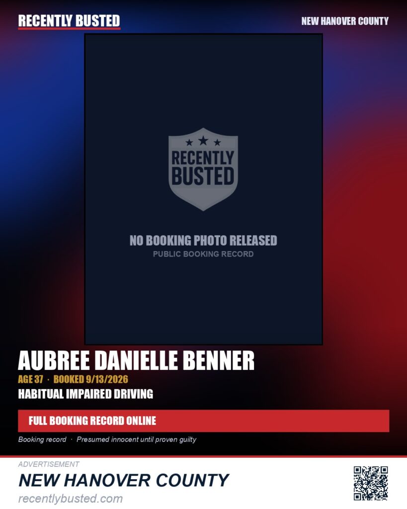 AUBREE DANIELLE BENNER — arrest record card, New Hanover