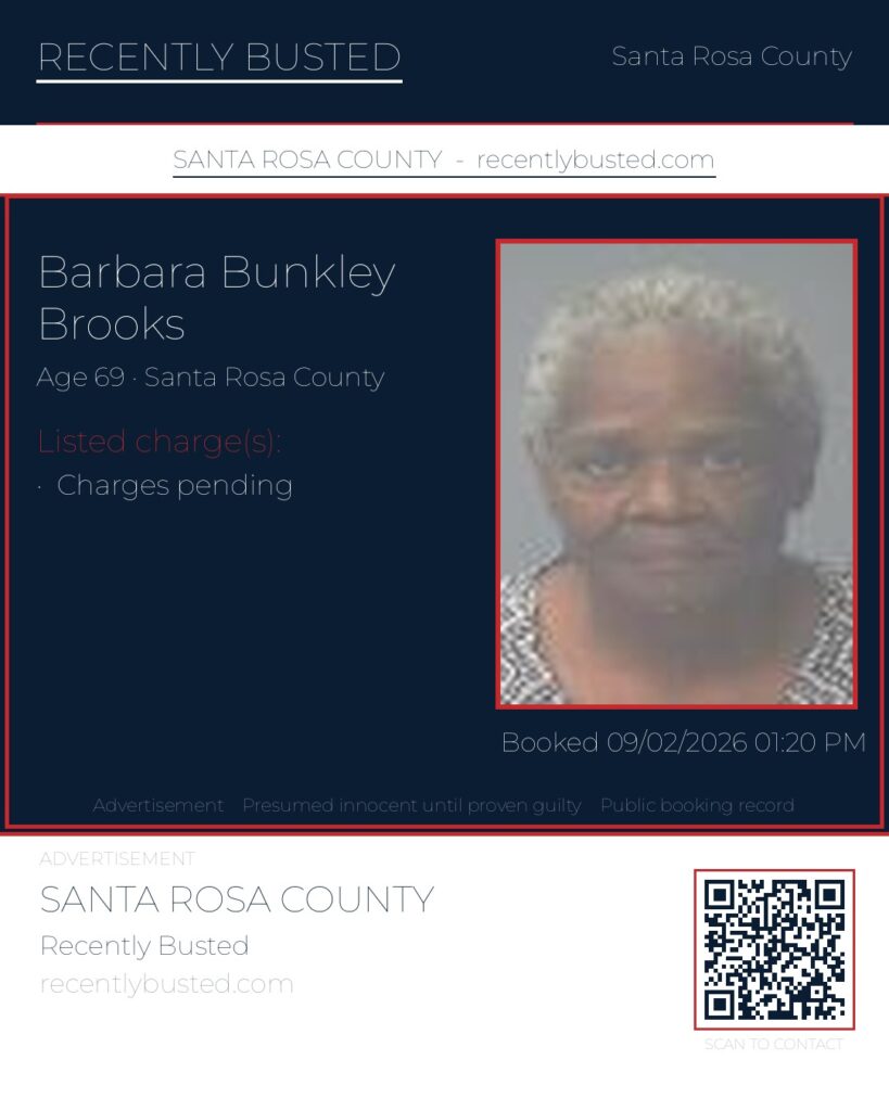 Barbara Bunkley Brooks — arrest record card, Santa Rosa County, Florida
