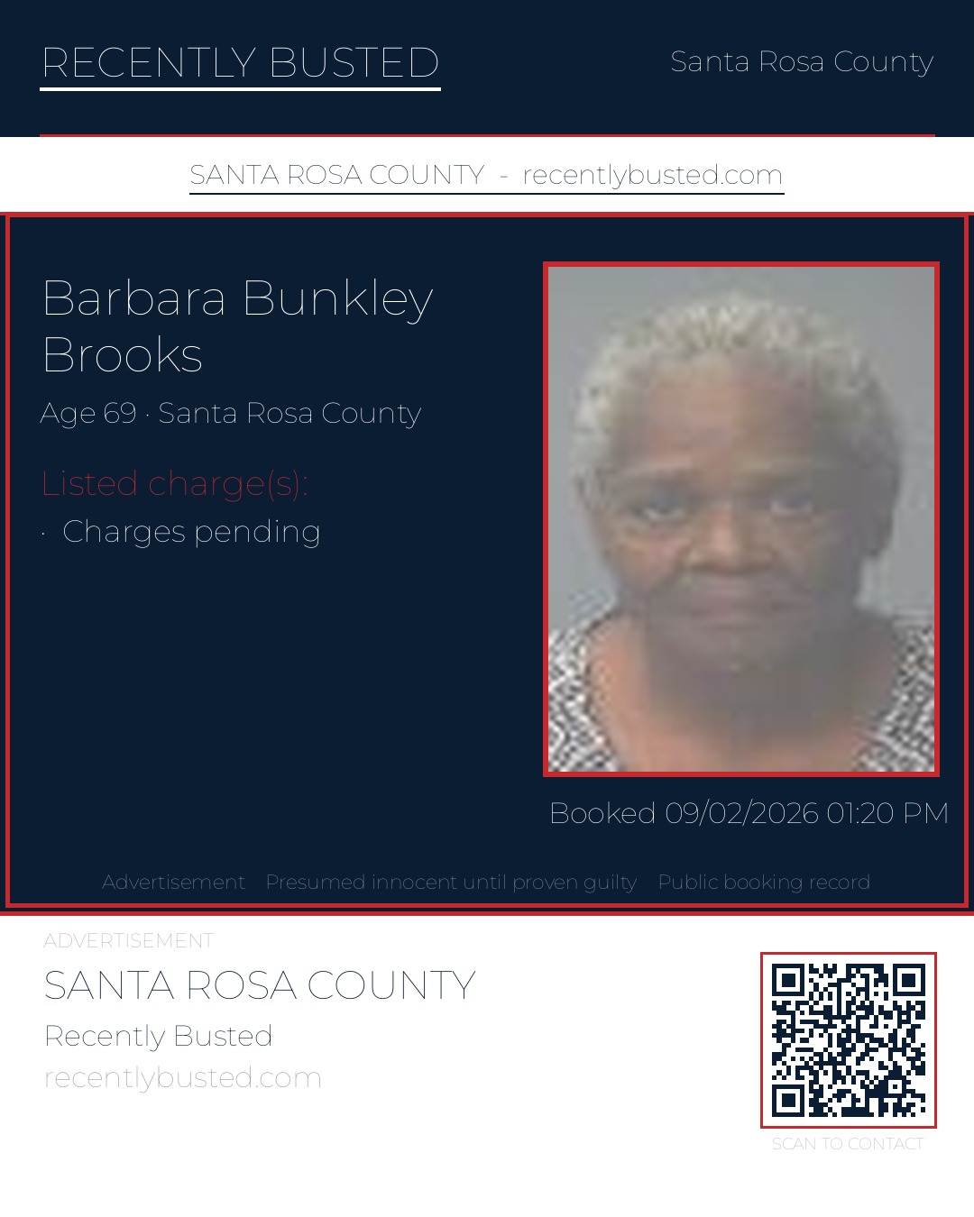 Barbara Bunkley Brooks — arrest record card, Santa Rosa County, Florida